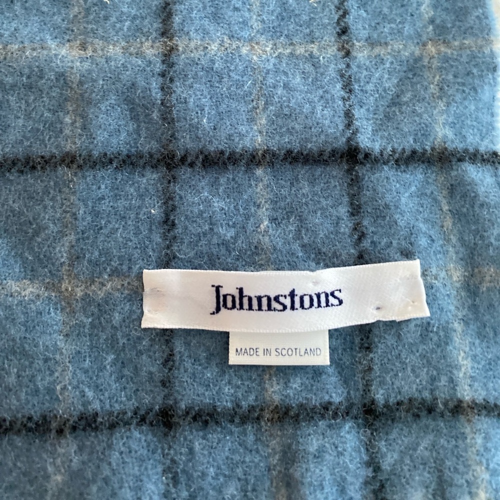Johnstons Wool Plaid Scarf Carolina Blue Black White Fringe